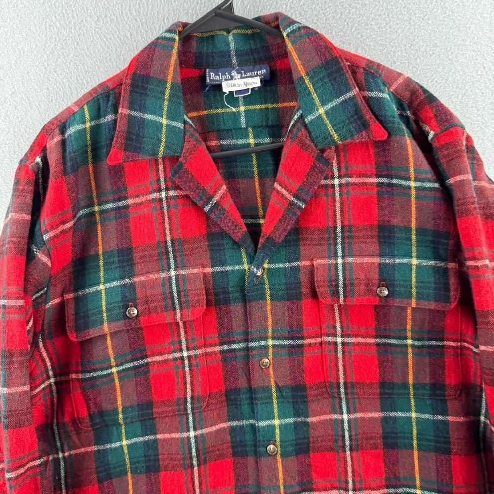 Vintage 80s Polo Ralph Lauren Wool Flannel Shirt Womens 8 Oversized Loop Collar - Picture 2 of 16